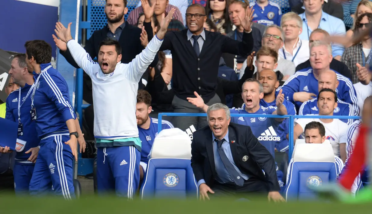 Pelatih Chelsea, Jose Mourinho, dan asistennya memprotes keputusan wasit saat melawan Liverpool dalam laga Liga Premier Inggris di Stadion Stamford Bridge, London, Sabtu (31/10/2015). (Reuters/Philip Brown)