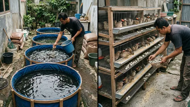 Perbandingan Ternak Lele vs Puyuh di Lahan Sempit (Foto: Gemini AI)