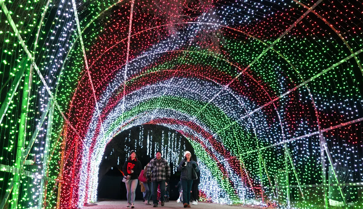 Pengunjung berjalan melalui terowongan cahaya pada pertunjukan cahaya Holiday Road di Calabasas, California, Amerika Serikat, 10 Desember 2021. Holiday Road digelar sepenuhnya setelah pandemi COVID-19 mengubah festival cahaya tahunan ini menjadi acara drive-thru tahun lalu. (AP Photo/Jae C.Hong)