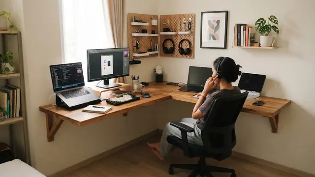 Ruang Kerja di Rumah dengan Meja Menempel Pada Dinding
