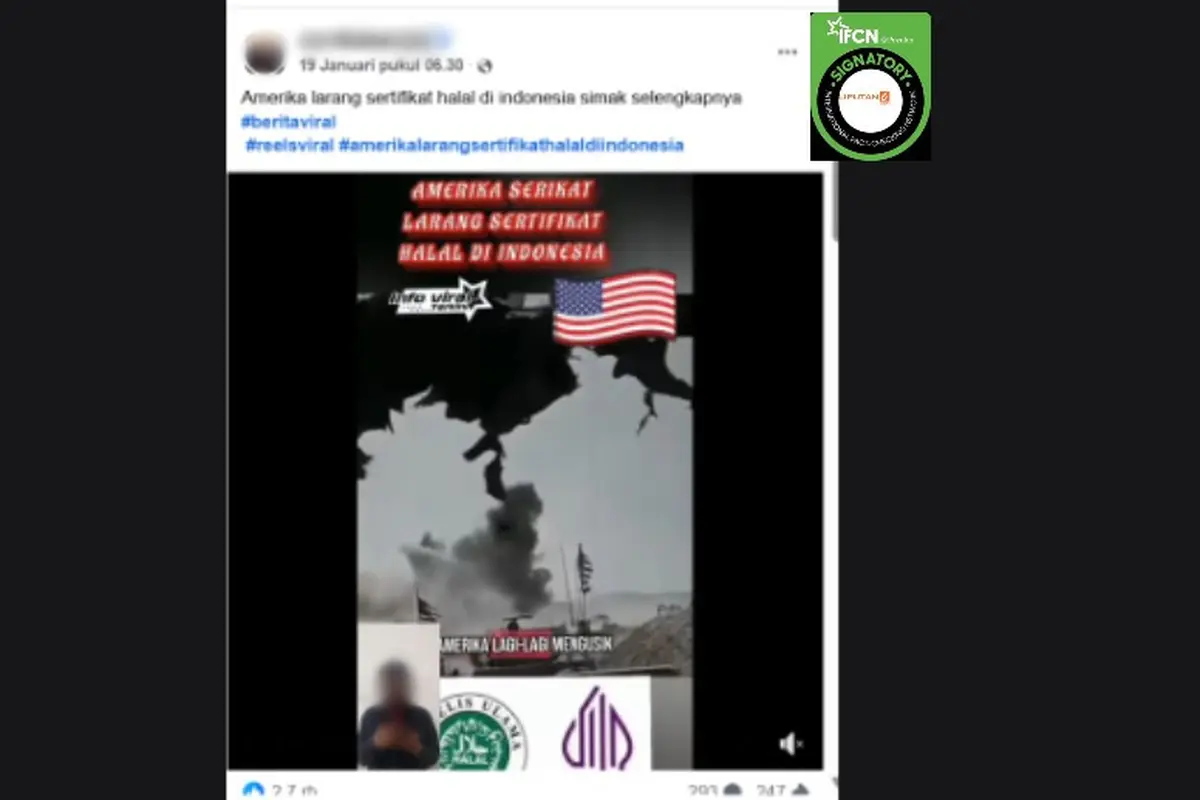 Tangkapan layar klaim Amerika Serikat melarang sertifikat halal di Indonesia yang beredar di Facebook.