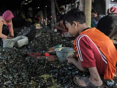 Seorang anak membantu ibunya mengupas kerang hijau di Kampung Nelayan Muara Angke, Jakarta, Rabu (3/7/2019). Dengan penghasilan rata-rata Rp 30 ribu/hari, para buruh pengupas kerang hijau tersebut harus cukup memenuhi kebutuhan hidup keluarganya. (Liputan6.com/Faizal Fanani)