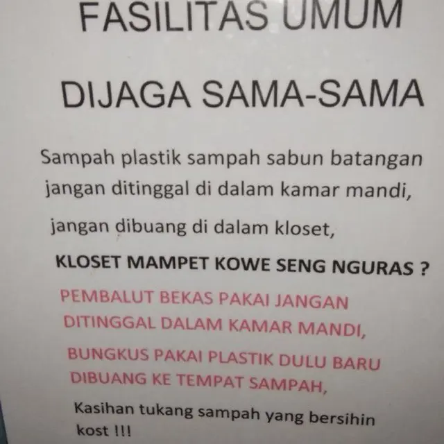 6 Tulisan Peringatan Jaga Kebersihan di Kos Ini Bikin Tepuk Jidat, Sering Diabaikan