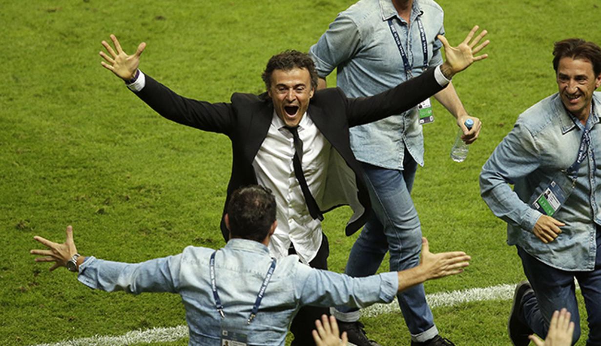 Ekspresi pelatih Barcelona Luis Enrique atas kemanangan timnya. (AP Photo/Michael Sohn)