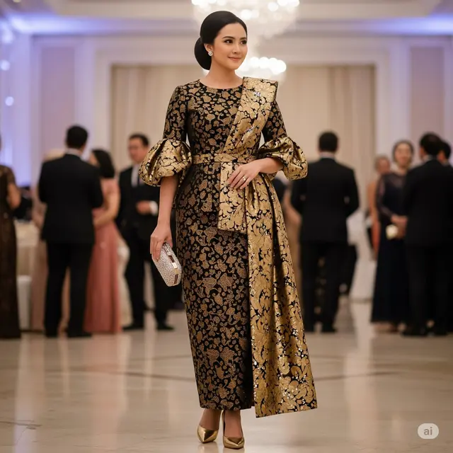 Gaun Batik Kombinasi Brokat dan Payet