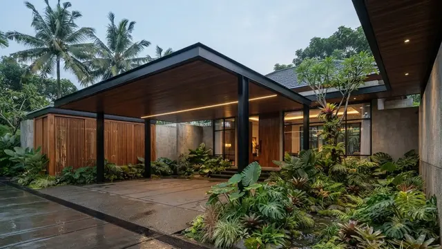 Carport dengan Drainase Tersembunyi yang Terhubung ke Rain Garden