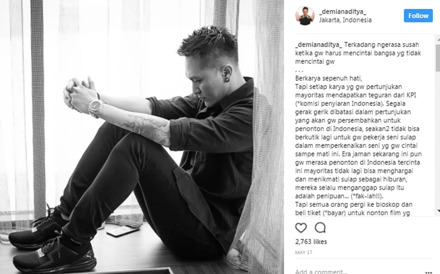 Curahan hati Demian Aditya tentang sulap di Indonesia. (Instagram/_demianaditya_)