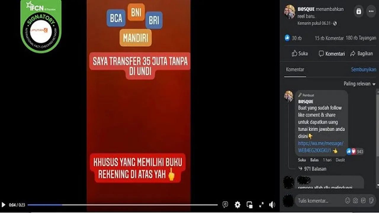 Gambar Tangkapan Layar Akun Kabar Hoaks Baim Wong Bagikan Uang Tunai Lewat Akun Facebook B0SQUE (sumber: Facebook).