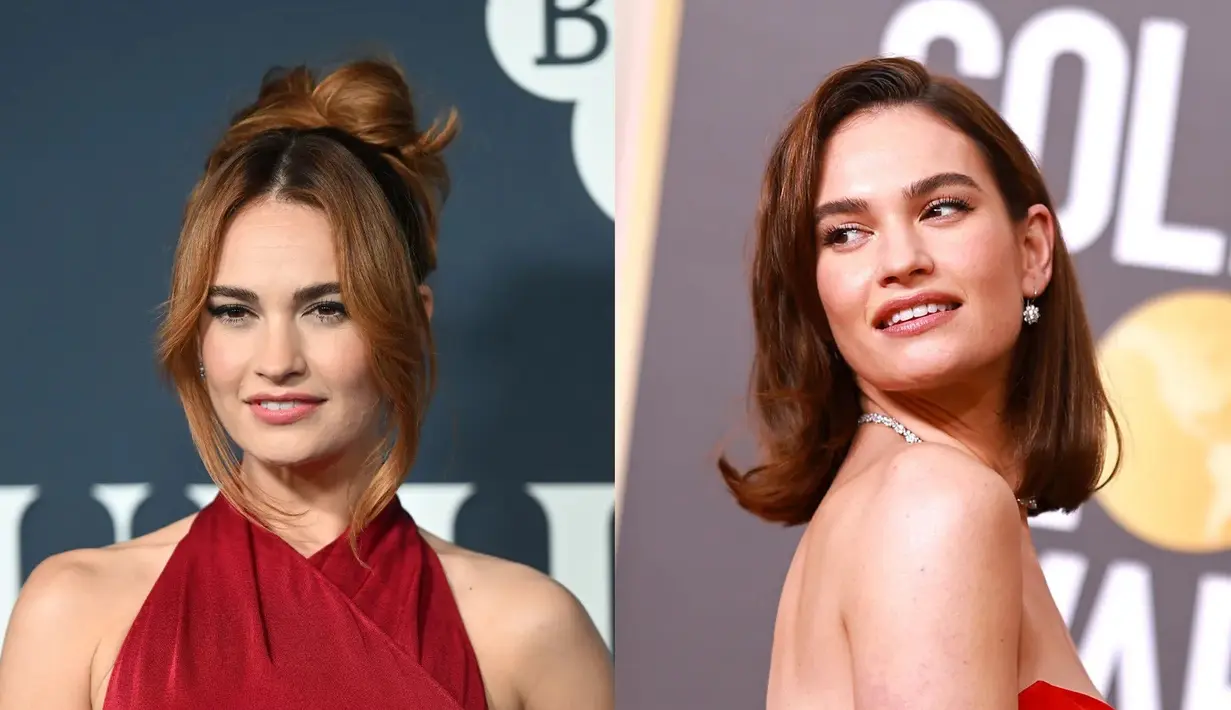 Lily James juga memamerkan rambut barunya di Golden Globe 2023. Ia mengubah warna rambut tembaganya yang ikonis menjadi potongan bob cokelat yang apik. Foto: Glamour.
