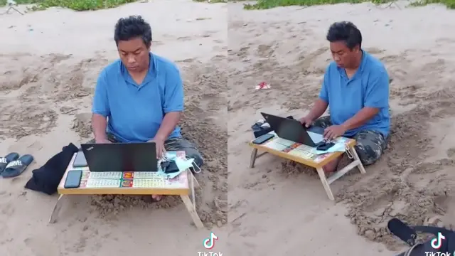Demi Menyenangkan Anak dan Istri, Suami Bawa Laptop dan Meja Kerja Pada Saat Liburan