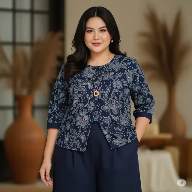 Model Baju Batik Kombinasi Kain Polos untuk Wanita Gemuk. Foto: Gemini