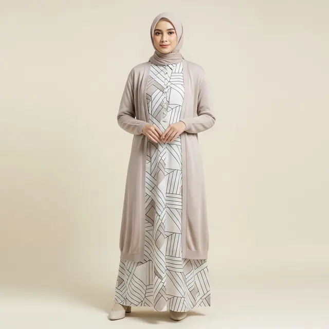 Gamis Motif Geometris dengan Cardigan Panjang