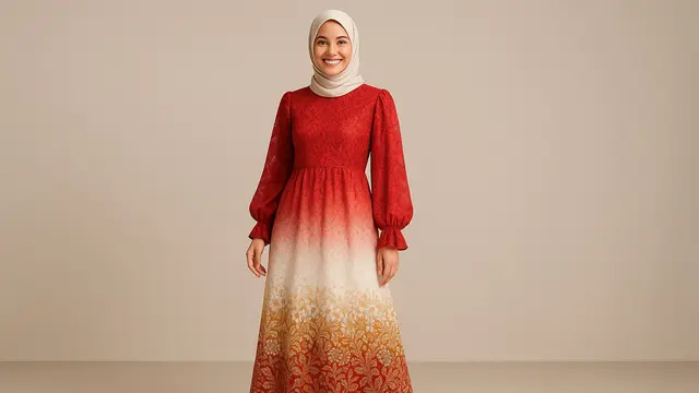 Model Long Dress Brokat Kombinasi Batik Modern Lengan Bishop/Ilustrasi Gambar AI