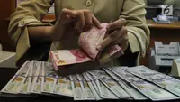 Teller tengah menghitung mata uang rupiah di penukaran uang di Jakarta, Junat (23/11). Nilai tukar dolar AS terpantau terus melemah terhadap rupiah hingga ke level Rp 14.504. (Liputan6.com/Angga Yuniar)