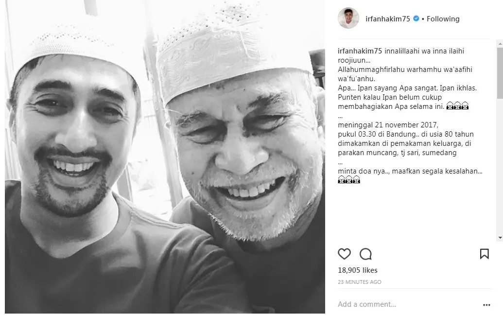Irfan Hakim berduka, sang ayah meninggal dunia (Foto: Instagram)