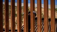 Kevin Andres, seorang anak imigran Meksiko berusaha memanjat pagar perbatasan AS (28/12). Banyak Imigran dari karavan memilih menyeberangi tembok perbatasan AS dan menyerahkan diri kepada agen patroli perbatasan. (AP Photo/Daniel Ochoa de Olza)