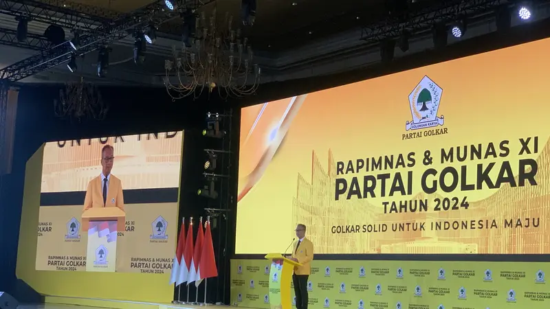 Plt Ketum Golkar Agus Gumiwang Kartasasmita dalam Rapimnas Golkar, Selasa (20/8/2024)