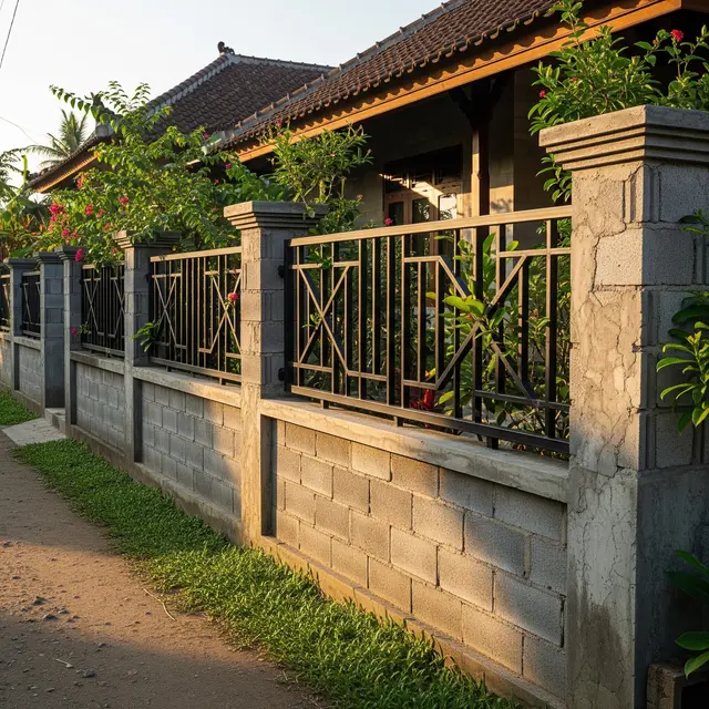 Pagar Rumah Desa dari Batako dan Besi Hollow (AI Generated)