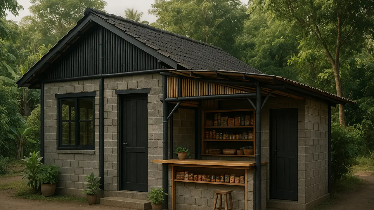 Model Rumah Sederhana dari Bambu dan Batako dengan Warung di Teras