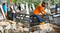 Aksi tukang bangunan pasang bongkahan tembok bekas sebagai dinding rumah ini tuai sorotan. (Sumber: Facebook/Rara)