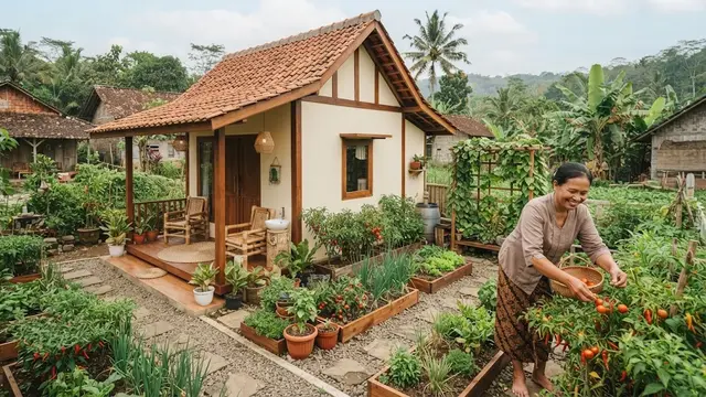 Desain rumah kampung dengan taman kecil di samping yang jadi definisi hunian slow living model taman samping untuk tanaman pangan