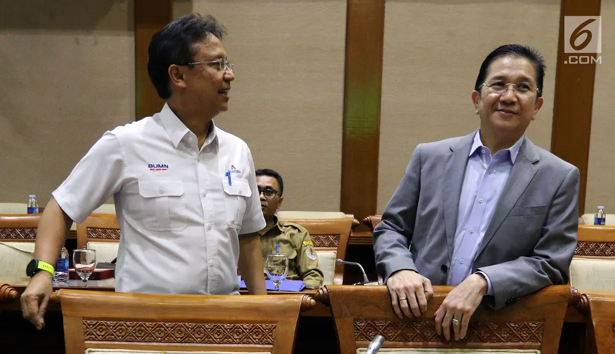 Dirut PT Indonesia Asahan Alumunium (Inalum) Budi Gunadi Sadikin (kiri) dan Dirut Freeport Tony Wenas saat rapat kerja dengan Komisi VII DPR di Gedung Nusantara I, Jakarta (15/1). Rapat membahas sejumlah agenda. (Liputan6.com/JohanTallo)