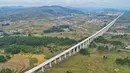 Foto dari udara menunjukkan jembatan besar Lali di jalur kereta cepat Guiyang-Nanning di Wilayah Dushan, Provinsi Guizhou, China barat daya (20/10/2020). Jalur kereta cepat Guiyang-Nanning dirancang untuk dapat dilalui kereta dengan kecepatan maksimum 350 kilometer per jam. (Xinhua/Liu Xu)