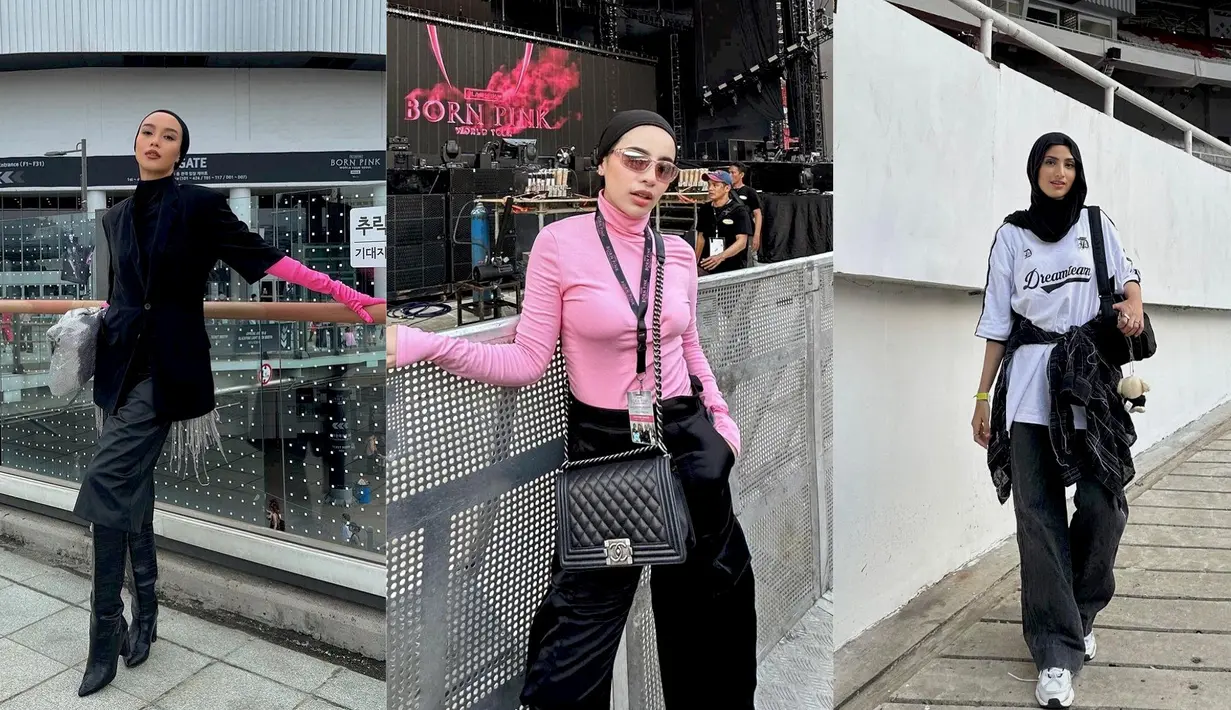 Glamor dan nyentrik, bisa tiru gaya Vira Tandia saat nonton konser BLACKPINK dengan memadukan oversized blazer, celana pendek, boots, dan turban serba hitam. Tambahkan sarung tangan pink dan hand bag silver sebagai statement.  [@viratandia].