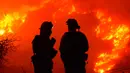 Dua petugas pemadam kebakaran mengecek api di atas Shepard Mesa Road di Carpinteria, California (10/12). Sejumlah warga di wilayah ini berhasil dievakuasi setelah api melalap permukiman mereka. (Mike Eliason/Santa Barbara County Fire Department via AP)