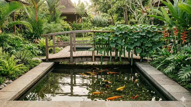 Inspirasi Kebun Mentimun Rambat di Atas Kolam Ikan. Gemini