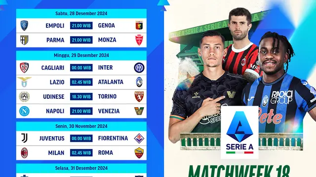 Jadwal Pertandingan Serie A 2024/25 Matchweek 18 di Vidio