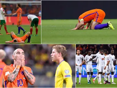 Masa kelam sepak bola Belanda setelah gagal lolos ke Piala Eropa 2016 ternyata belum berakhir. Kini Der Oranje mengalami kisah tragis lanjutan karena harus absen pada Piala Dunia 2018. (Kolase foto-foto dari AFP dan AP)