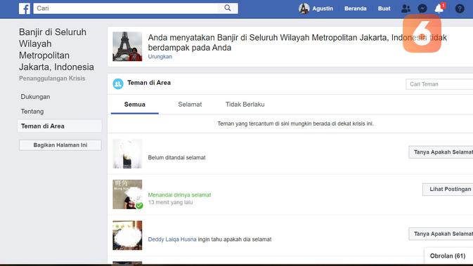 Facebook mengaktifkan fitur Safety Checking untuk memastikan keselamatan penggunanya di wilayah Jabodetabek yang terdampak banjir (Foto: Screenshot Safety Checking)