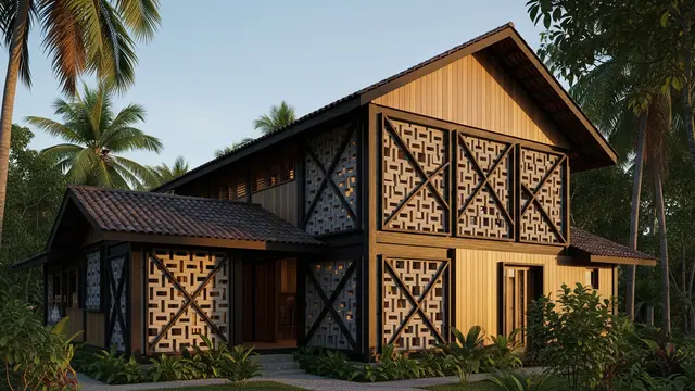 Rumah Kampung dengan Dinding Roster Kombinasi Kayu/Gemini AI