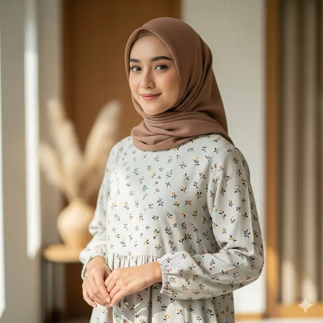 Midi Dress Linen Motif Floral Minimalis