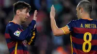 Ekspresi Lionel Messi setelah mencetak gol ke gawang Real Sociedad dalam lanjutan La Liga Spanyol di Stadion Camp Nou, Barcelona, Sabtu (28/11/2015). (AFP/Lluis Gene)