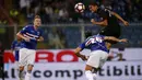 Pemain AC Milan, Carlos Bacca, menyundul bola ke arah gawang Sampdoria pada lanjutan Serie A di Stadion Luigi Ferraris, Genoa, Sabtu (17/9/2016) dini hari WIB. (AFP/Marco Bertorello)