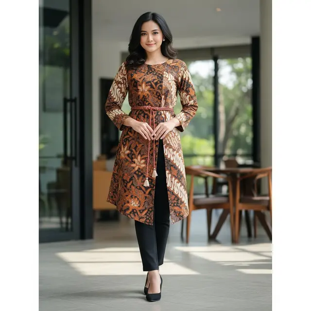 Tunik Batik Ikat Pinggang Belahan Panjang