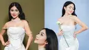 Ariel Tatum kenakan strapless satin dress dari Stella Rissa dengan detail dripping mutiara yang cantik [@arieltatum]