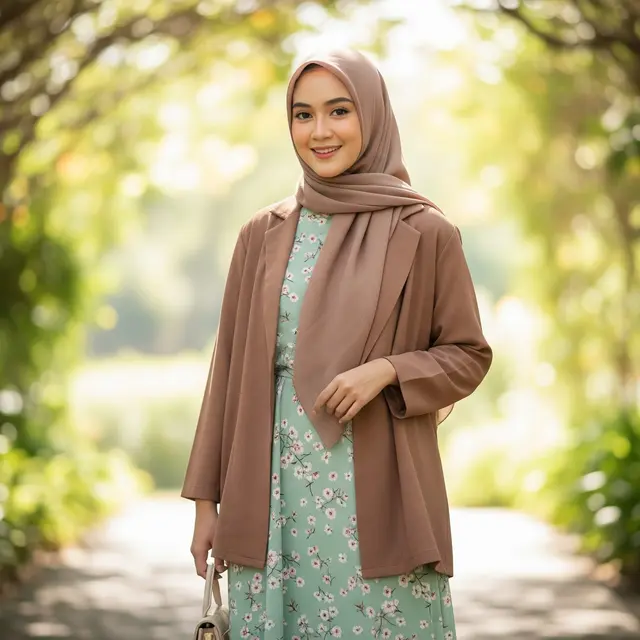 Gamis Motif Bunga Soft dengan Blazer Tipis