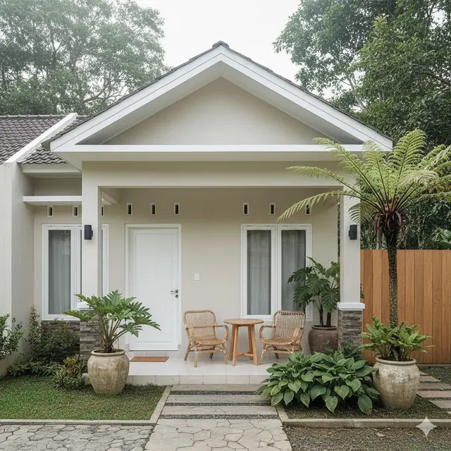 Model Rumah Kecil Tapi Luas dengan Tanaman Daun Lebar di Teras Depan