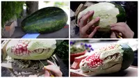 Hasil 'sulap' seniman italia mengubah semangka menjadi sosok naga yang mengerikan. (Oddity Central)