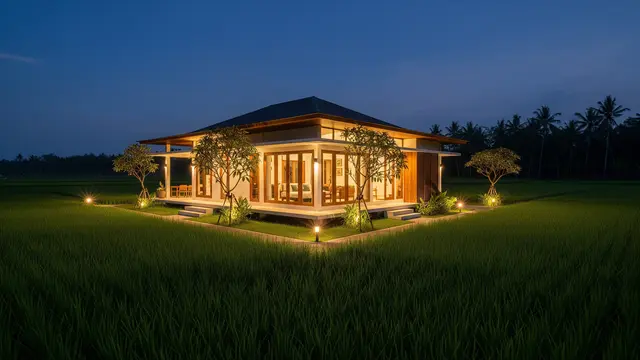 Model Rumah Tropis di Dekat Sawah yang Anti Ular Weling/ Ilustrasi AI