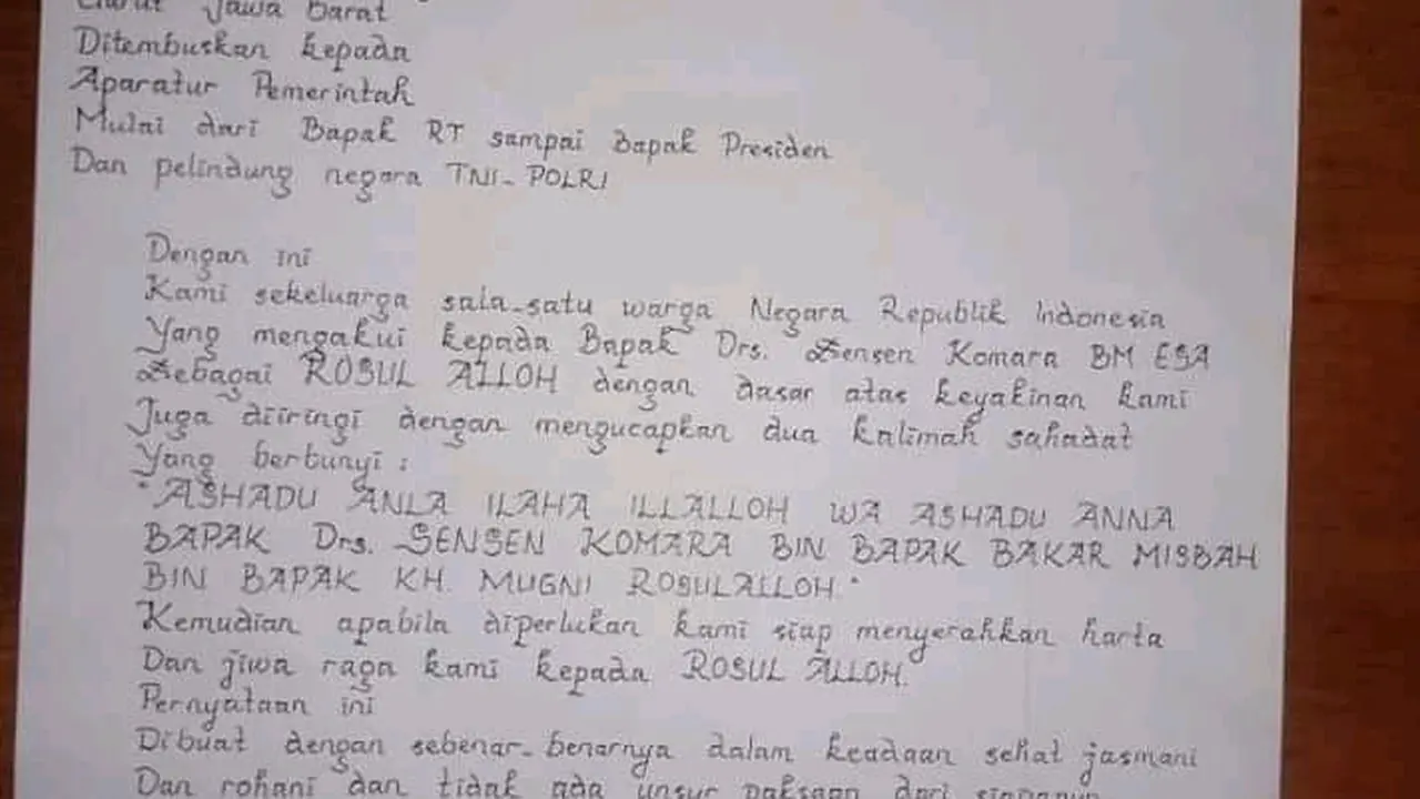 Surat penyataan warga mengakui Sensen sebagai rasul Alloh