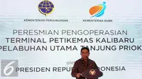 Direktur Utama PT Pelindo II Elvyn G Masassya memberikan sambutan dalam peresmian -Terminal Petikemas Kalibaru, Pelabuhan Utama Tanjung Priok atau New Priok Container Terminal (NPCT) 1 di Jakarta, Selasa (13/9). (Liputan6.com/Faizal Fanani)
