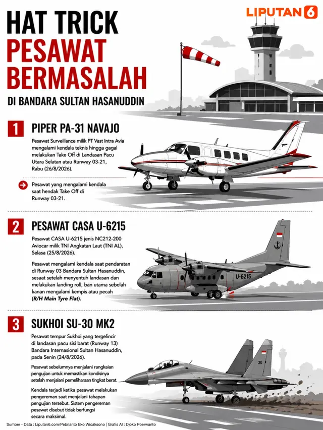 Infografis Hat Trick Pesawat Bermasalah di Bandara Sultan Hasanuddin.