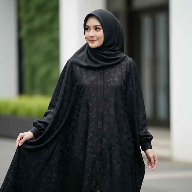 7. Gamis Hitam Tekstur Jacquard