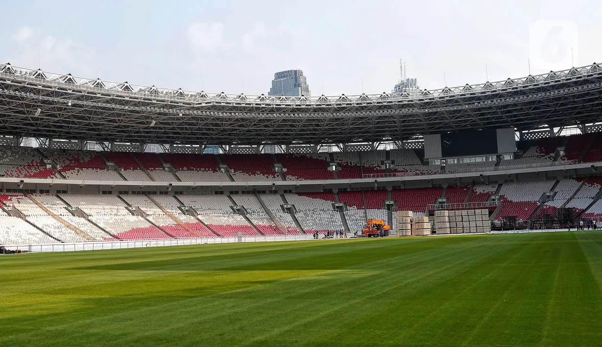 Kondisi rumput Stadion Utama Gelora Bung Karno (SUGBK) di Senayan, Jakarta, Senin (13/3/2023). Bekas pijakan dari lantai portabel yang digunakan saat konser musik juga masih terlihat jelas di area lapangan. Bentuknya berupa garis-garis bekas pijakan benda tersebut. (Liputan6.com/Angga Yuniar)