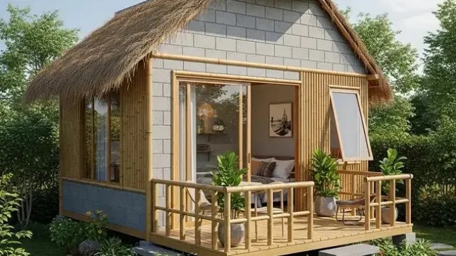 Model Rumah Kecil Tapi Cantik 4x6 Meter dari Batako dan Bambu dengan Teras dan Taman Mini (Image by Gemini)