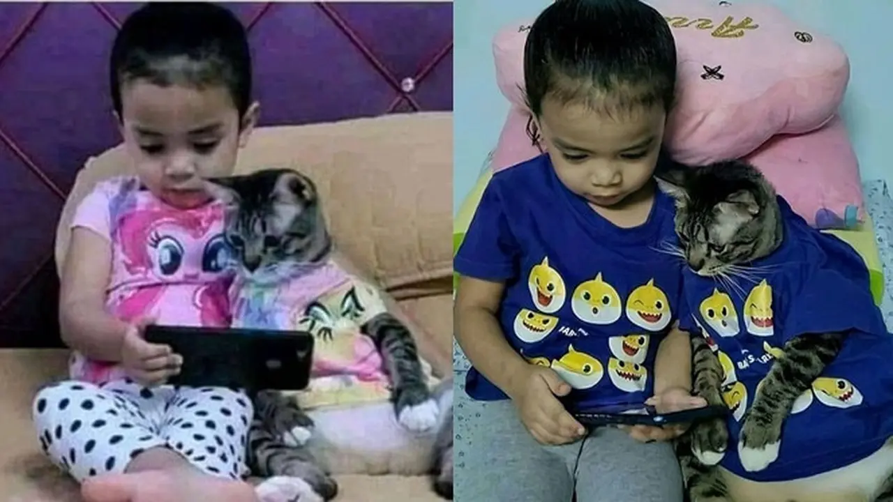 6 Momen Kompak Bocah dengan Kucing Peliharaan, Bak Anak Kembar